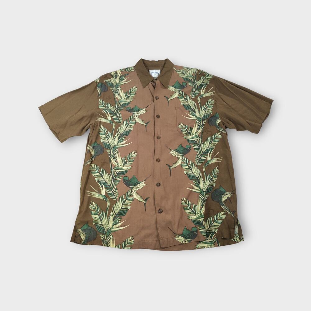 Men's Guy Harvey Brown Hawaiian Button Up Shirt Size Medium